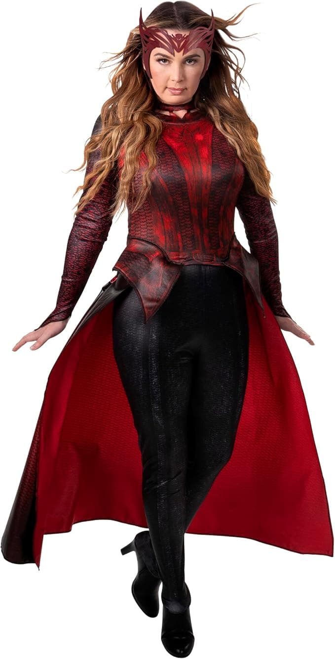 MARVEL Scarlet Witch Official Adult Costume - Premium Printed Top with Attached Train, Pants and Fabric Headpiece
