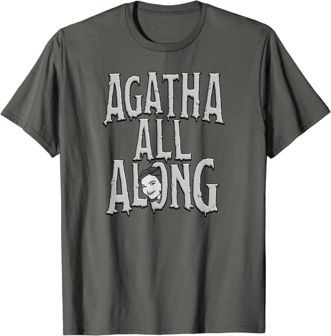 <a href=https://www.amazon.com/Marvel-WandaVision-Agnes-Agatha-T-Shirt/dp/B08XNZR9BS>Surprise Agatha All Along T-Shirt</a> / Amazon