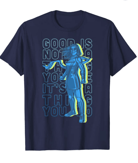 Ms. Marvel stack quote t-shirt / shop it <a href=https://www.amazon.com/Marvel-Good-Stack-Quote-T-Shirt/dp/B09YVX3H52?ref_=ast_sto_dp&th=1&psc=1>here</a>%22 class=