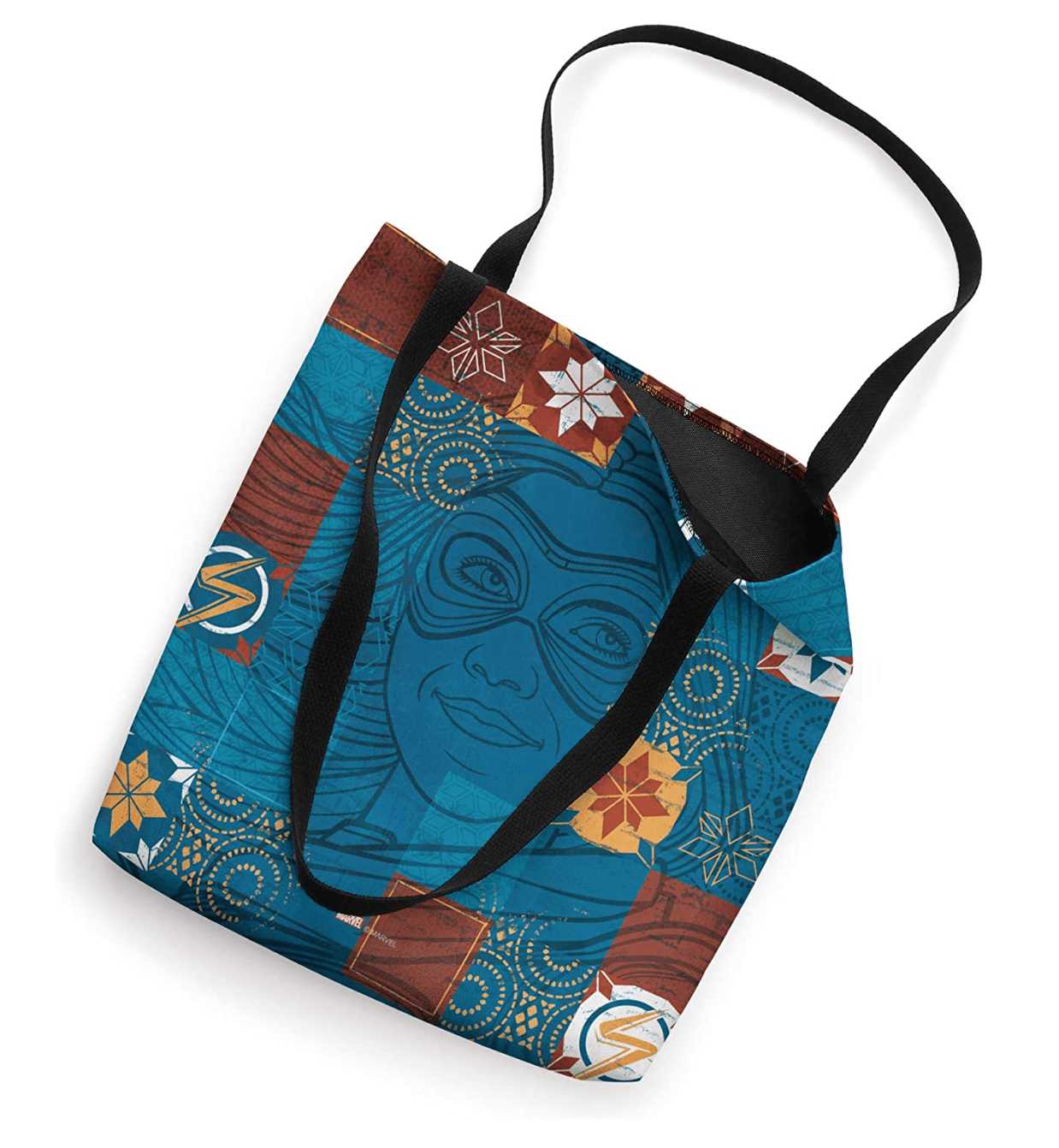 Ms. Marvel tote / shop it <a href=https://www.amazon.com/Marvel-Kamala-Khan-Patchwork-Quilt/dp/B09YVWVM86?ref_=ast_sto_dp&th=1&psc=1>here</a>%22 class=